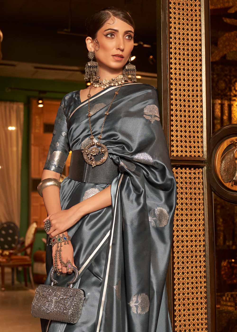 Anchor Grey Zari Woven Satin Silk Saree Clothsvilla