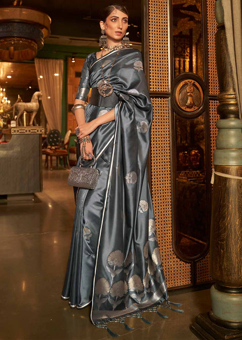 Anchor Grey Zari Woven Satin Silk Saree Clothsvilla Main image