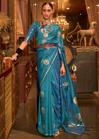 Shades Of Blue Zari Woven Satin Silk Saree Clothsvilla