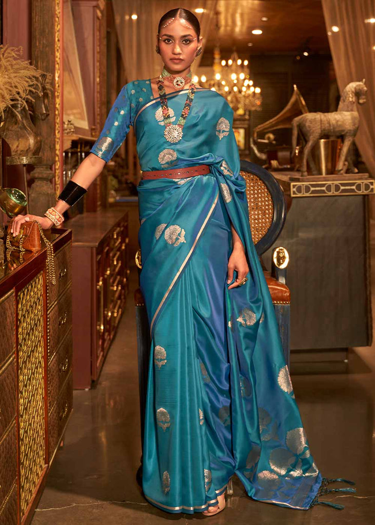 Shades Of Blue Zari Woven Satin Silk Saree Clothsvilla