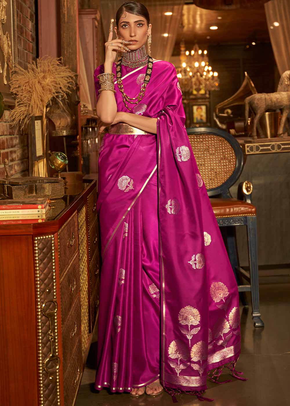 Magenta Pink Zari Woven Satin Silk Saree Clothsvilla