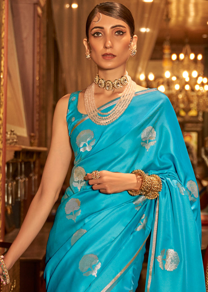 Cyan Blue Zari Woven Satin Silk Saree Clothsvilla