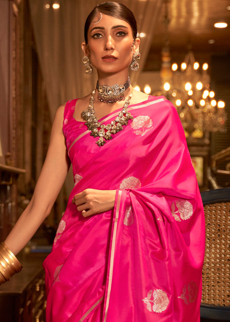 Hot Pink Zari Woven Satin Silk Saree Clothsvilla