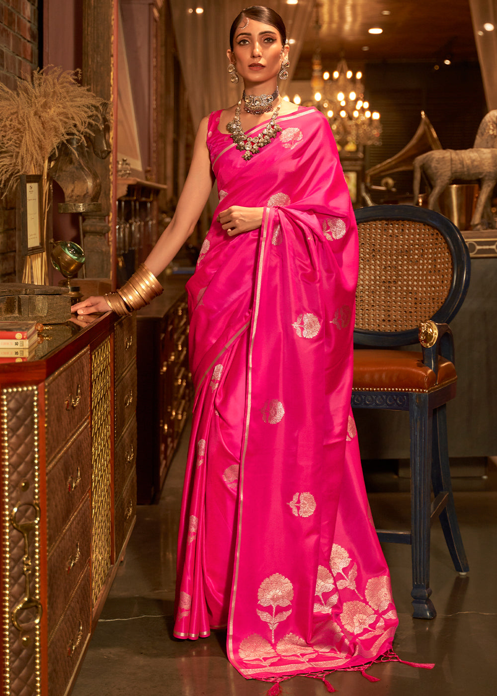 Hot Pink Zari Woven Satin Silk Saree Clothsvilla