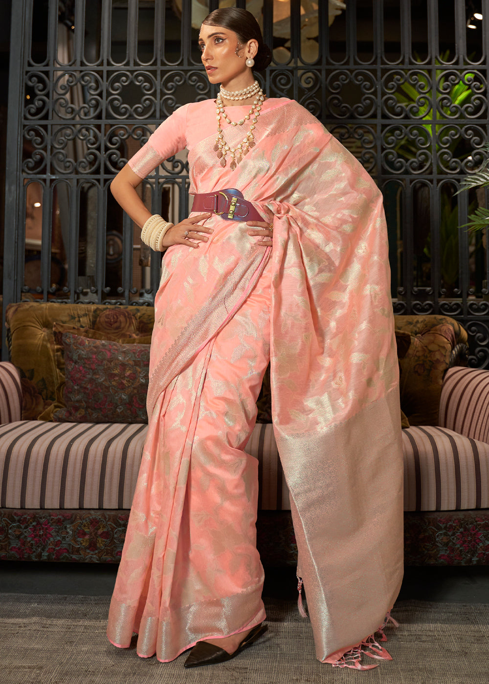 Coral Peach Banarasi Silk Saree