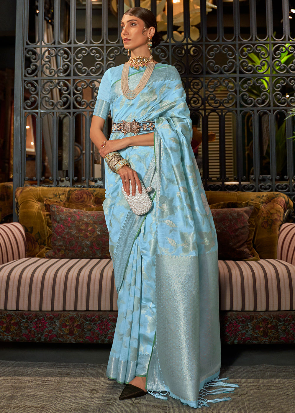 Capri Blue Handloom Woven Designer Silk Saree Clothsvilla Main image