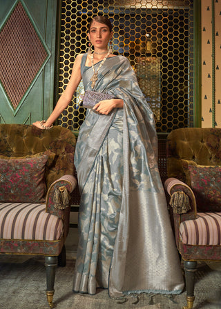 Steel Grey Handloom Woven Designer Silk Saree Clothsvilla