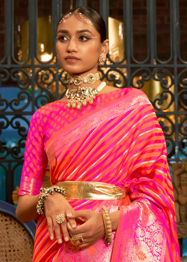 Fiery Rose Pink Zari Woven Satin Silk Saree Clothsvilla