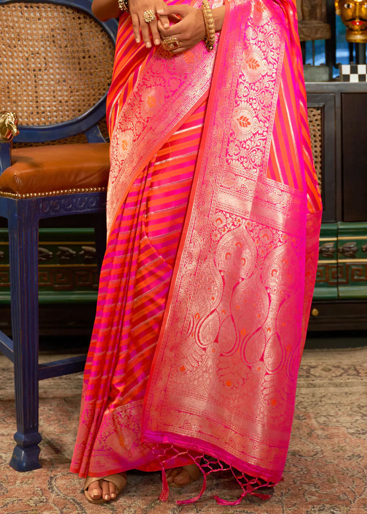 Fiery Rose Pink Zari Woven Satin Silk Saree Clothsvilla