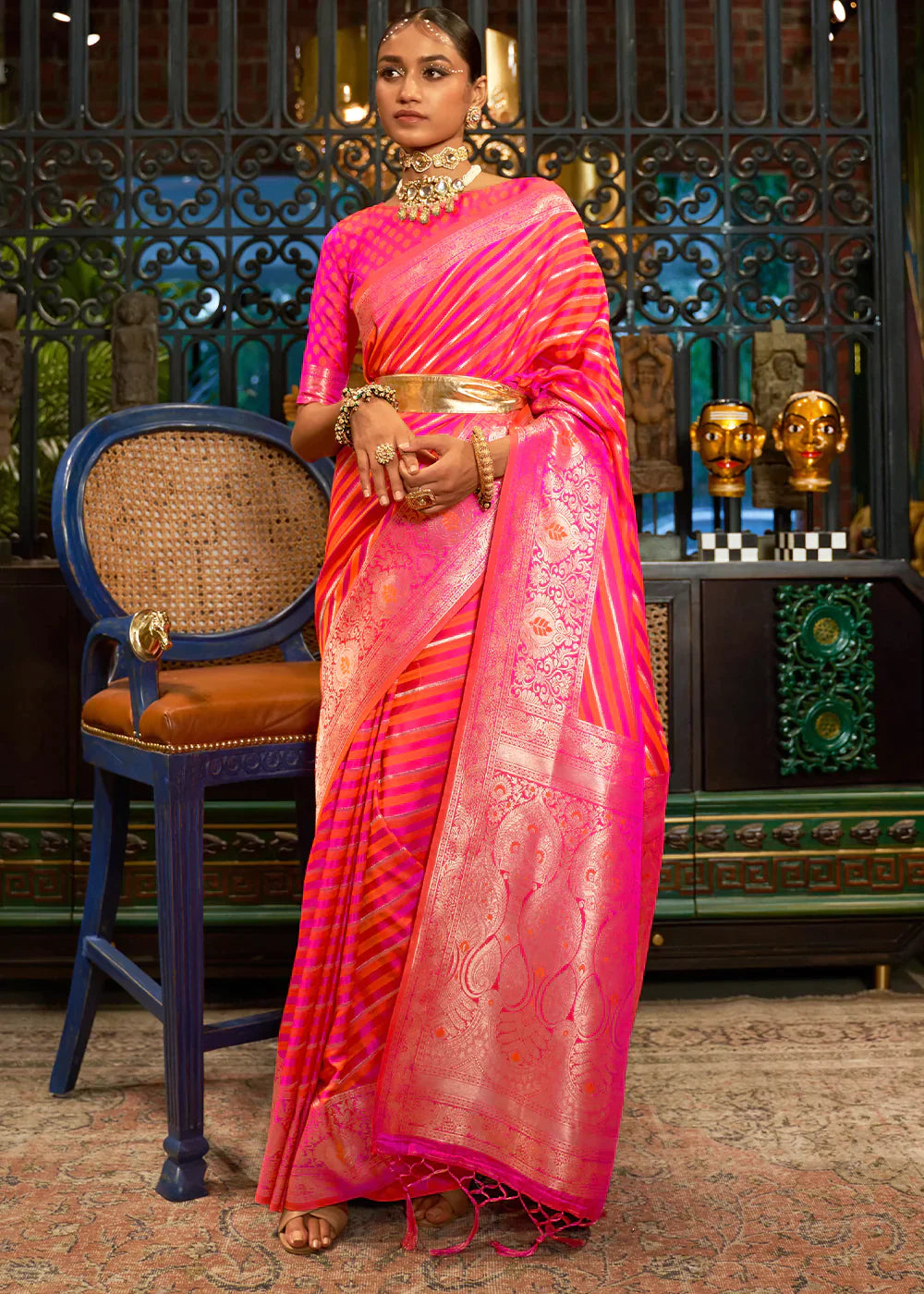 Fiery Rose Pink Zari Woven Satin Silk Saree Clothsvilla