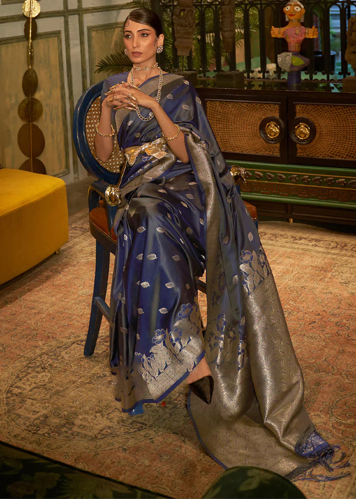 French Navy Blue Zari Woven Satin Silk Saree Clothsvilla