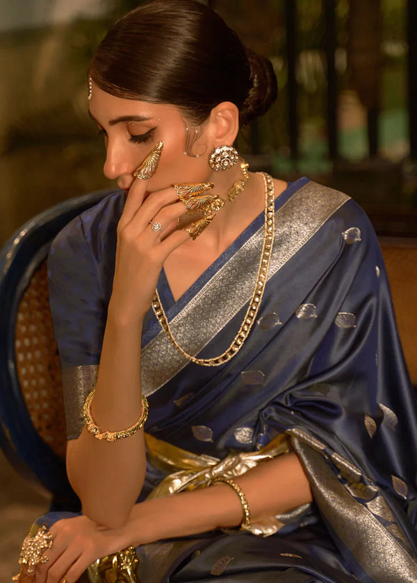 French Navy Blue Zari Woven Satin Silk Saree Clothsvilla