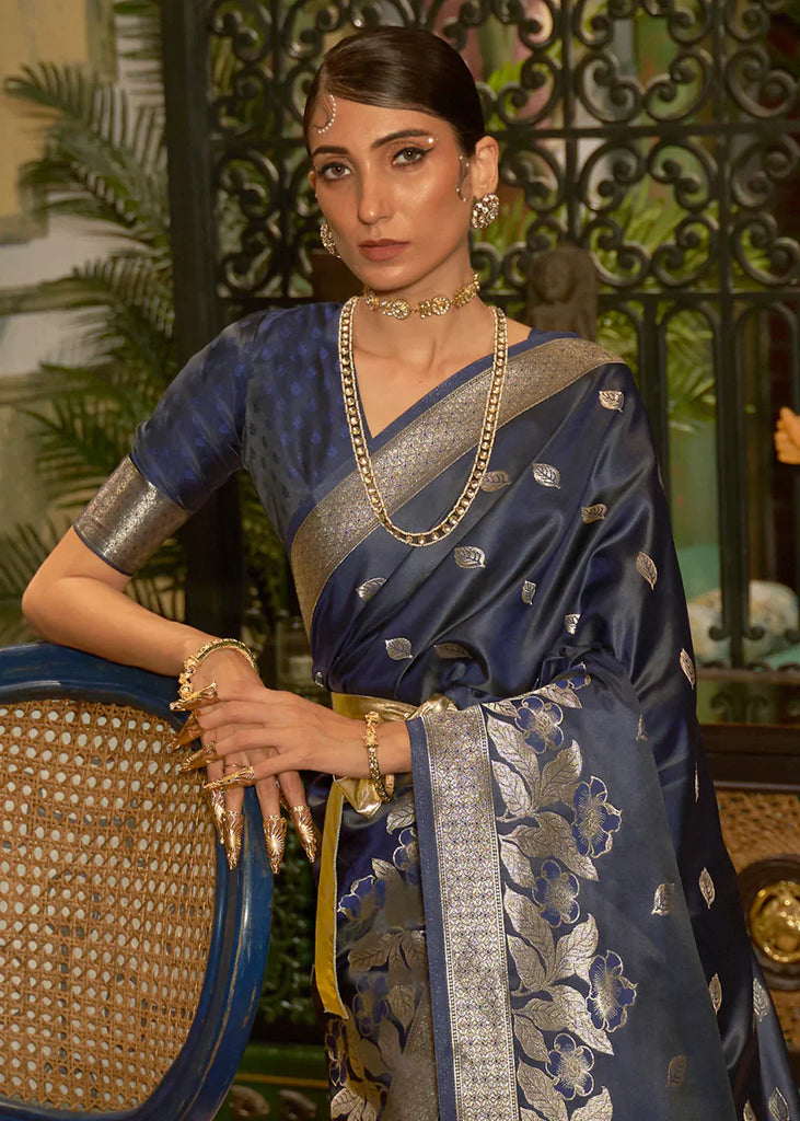 French Navy Blue Zari Woven Satin Silk Saree Clothsvilla