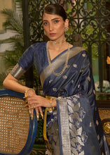 Load image into Gallery viewer, French Navy Blue Zari Woven Satin Silk Saree Clothsvilla