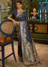 Load image into Gallery viewer, French Navy Blue Zari Woven Satin Silk Saree Clothsvilla