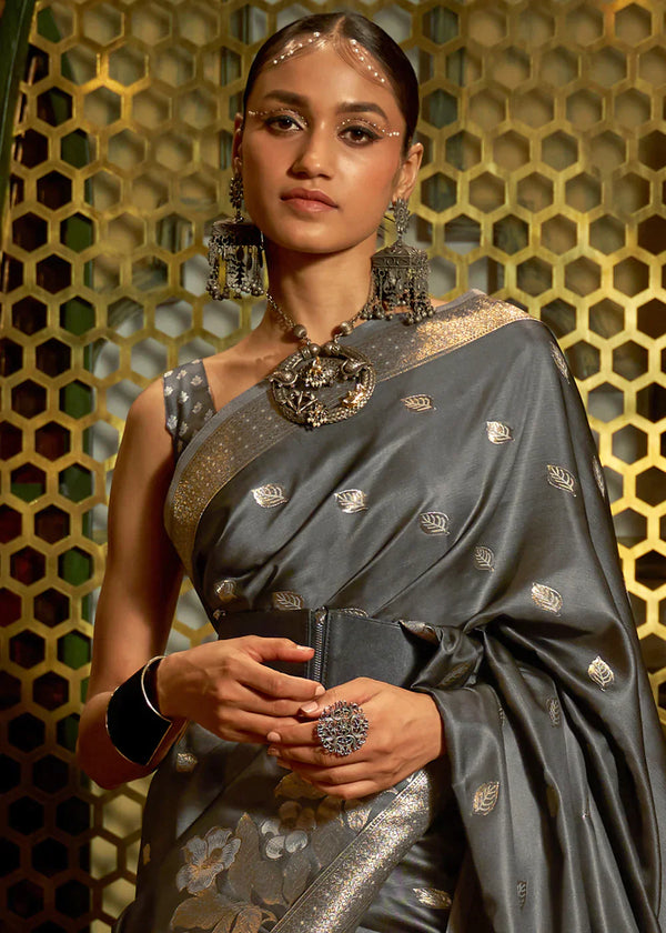 Charcoal Grey Zari Woven Satin Silk Saree Clothsvilla