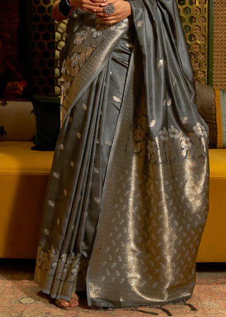 Charcoal Grey Zari Woven Satin Silk Saree Clothsvilla