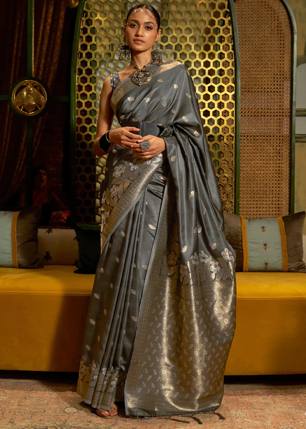 Charcoal Grey Zari Woven Satin Silk Saree Clothsvilla Main image