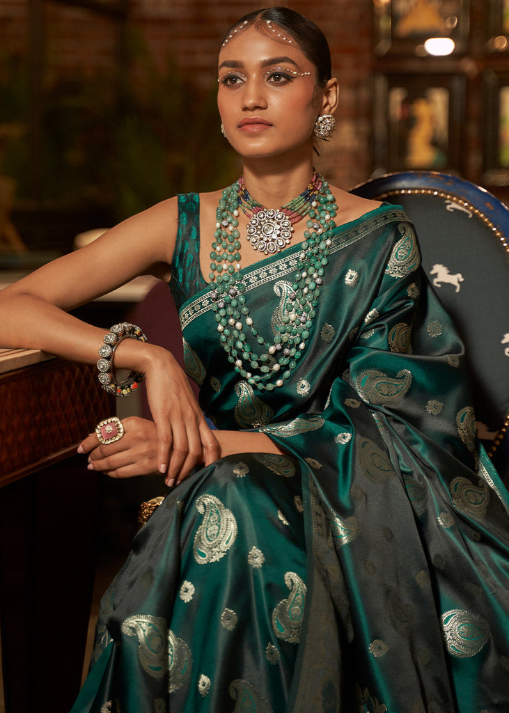 Arabian Green Handloom Woven Satin Silk Saree Clothsvilla
