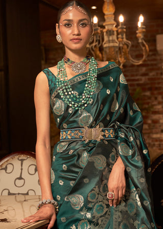 Arabian Green Handloom Woven Satin Silk Saree Clothsvilla