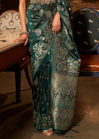 Arabian Green Handloom Woven Satin Silk Saree Clothsvilla