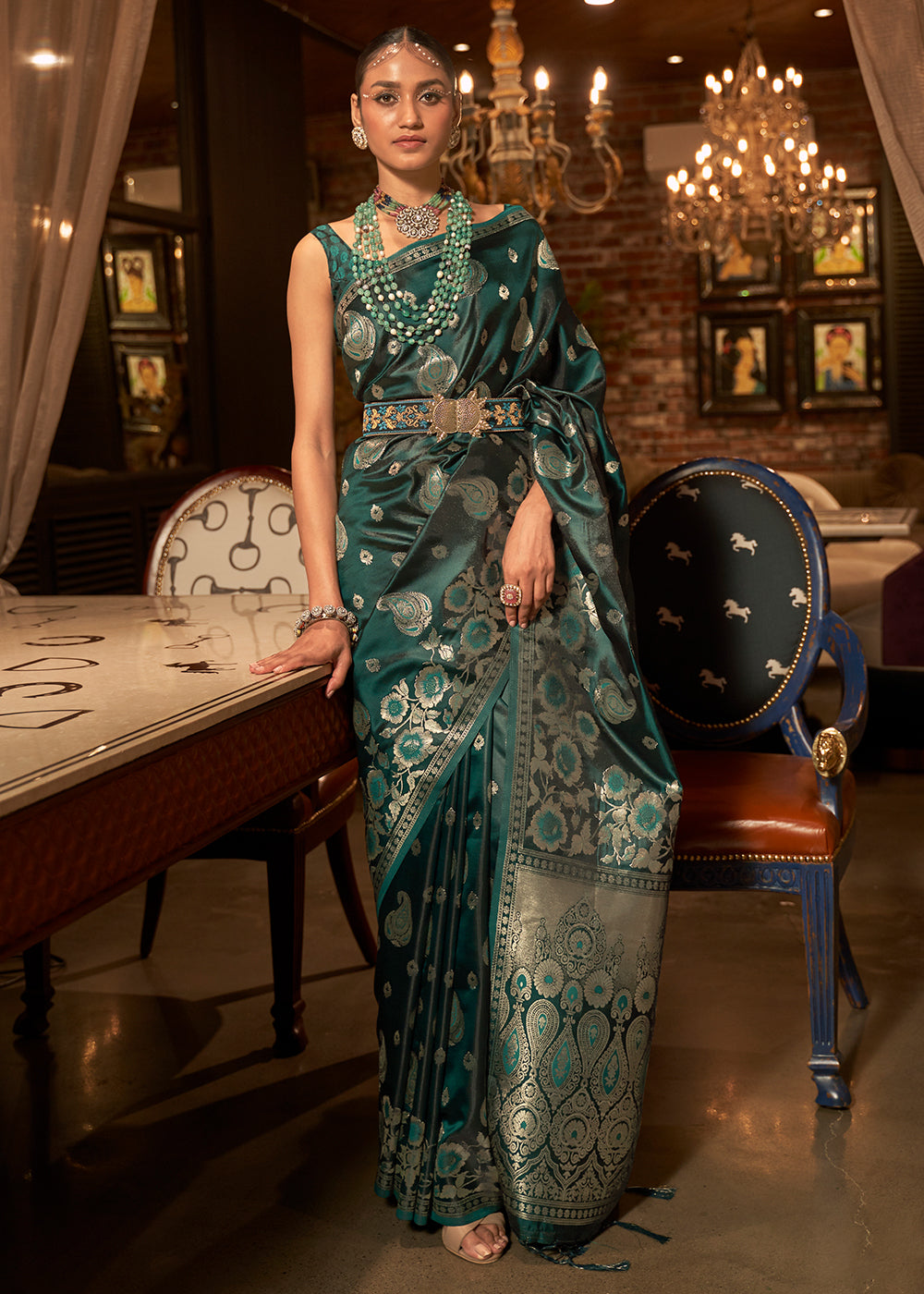 Arabian Green Handloom Woven Satin Silk Saree Clothsvilla Main image