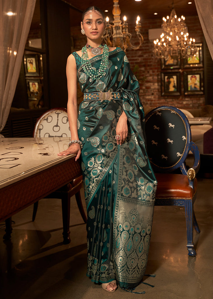 Arabian Green Handloom Woven Satin Silk Saree Clothsvilla