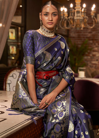 Indigo Blue Handloom Woven Satin Silk Saree Clothsvilla