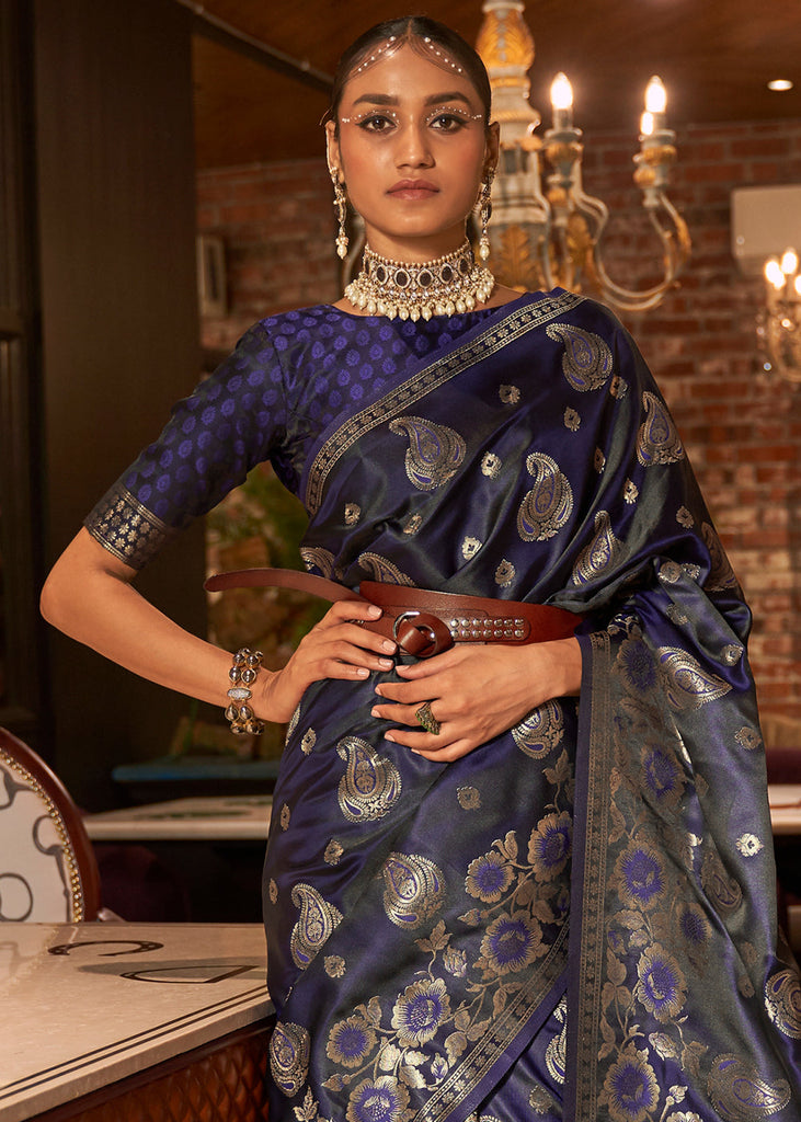 Floral Indigo Linen cotton saree – Silk Ethnics