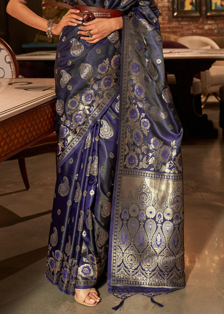 Indigo Blue Handloom Woven Satin Silk Saree Clothsvilla