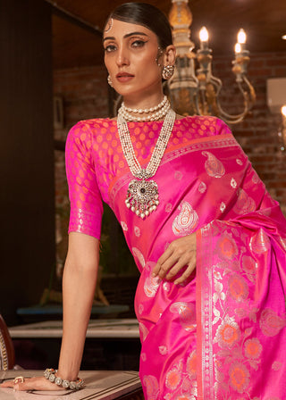 Fuscia Pink Handloom Woven Satin Silk Saree Clothsvilla