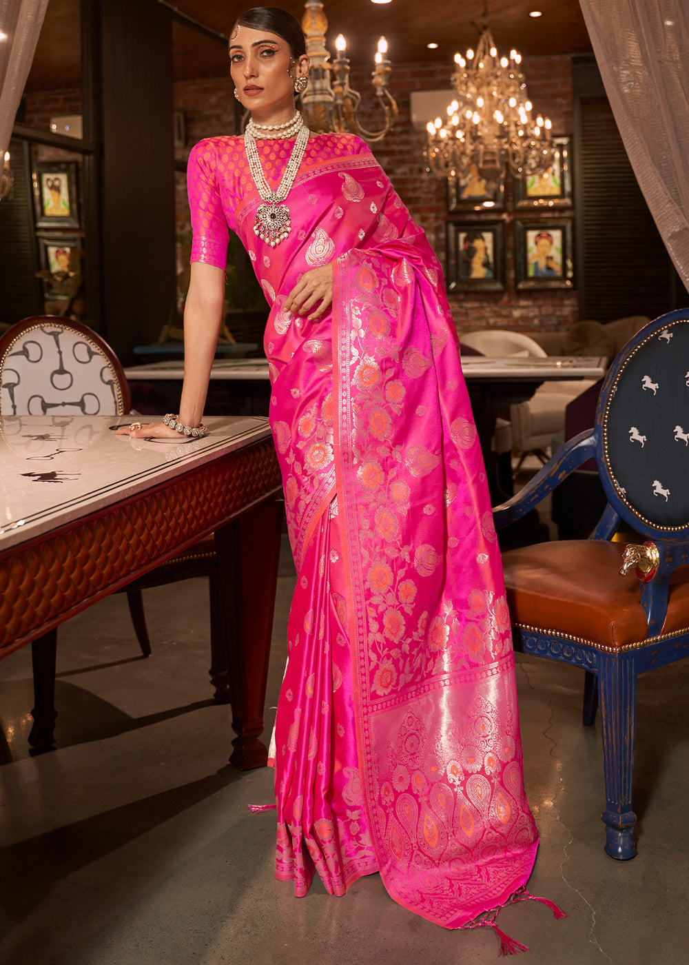 Fuscia Pink Handloom Woven Satin Silk Saree Clothsvilla Main image