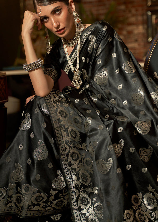 Midnight Black Handloom Woven Satin Silk Saree Clothsvilla