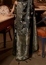 Load image into Gallery viewer, Midnight Black Handloom Woven Satin Silk Saree Clothsvilla