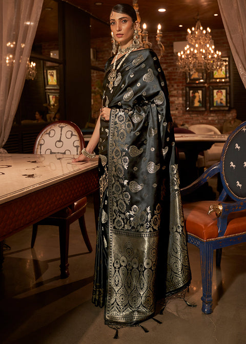 Midnight Black Handloom Woven Satin Silk Saree Clothsvilla Main image
