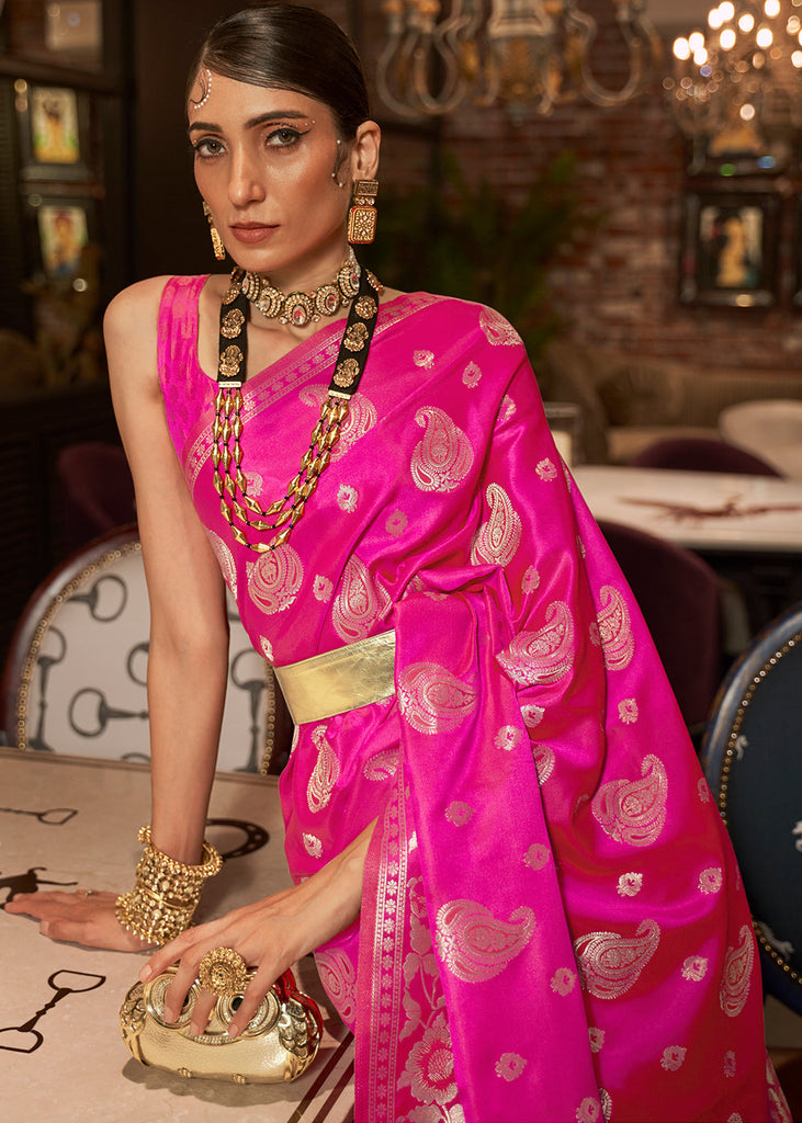 Hot Pink Handloom Woven Satin Silk Saree Clothsvilla