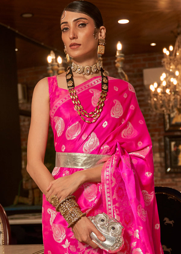 Hot Pink Handloom Woven Satin Silk Saree Clothsvilla