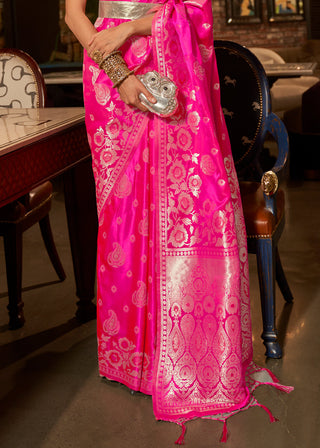 Hot Pink Handloom Woven Satin Silk Saree Clothsvilla