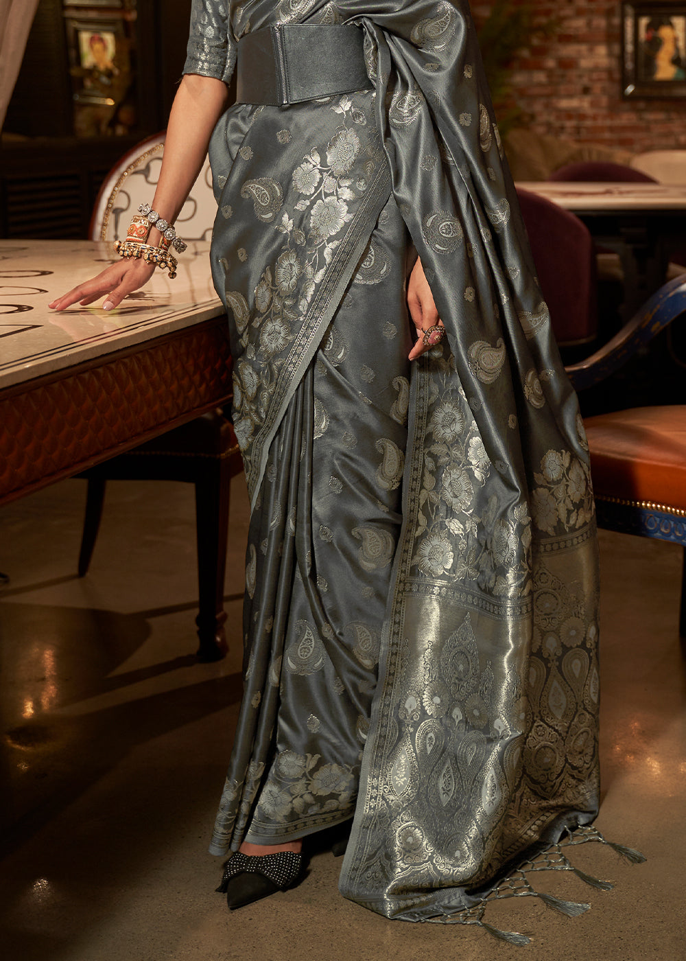 Charcoal Black Handloom Woven Satin Silk Saree Clothsvilla