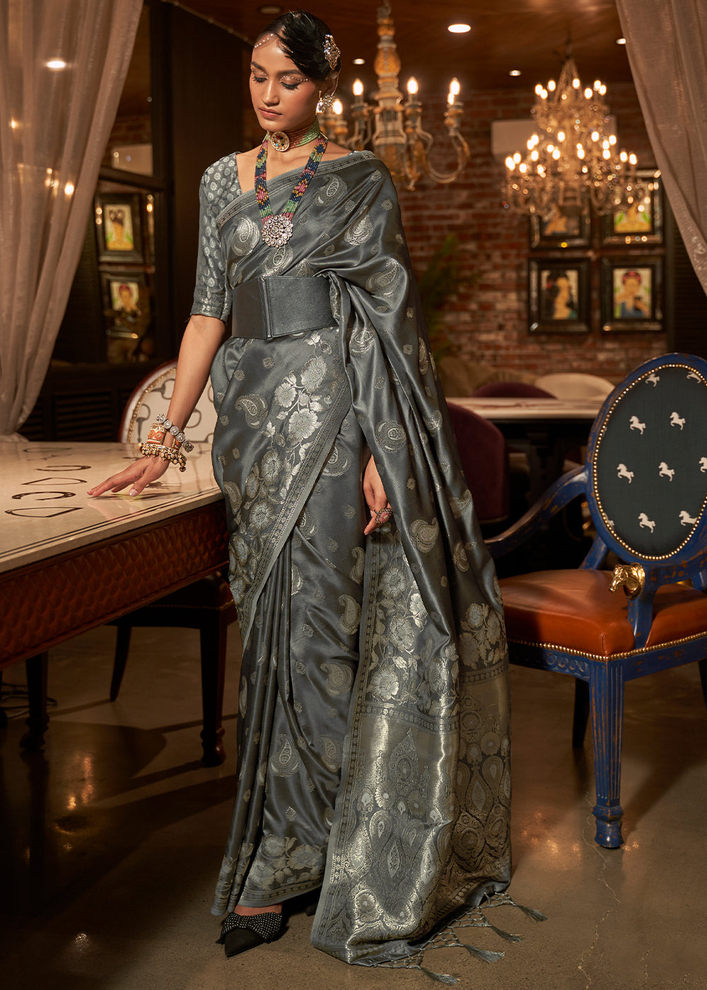 Charcoal Black Handloom Woven Satin Silk Saree Clothsvilla Main image