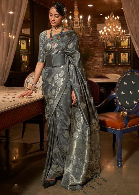 Charcoal Black Handloom Woven Satin Silk Saree Clothsvilla Main image