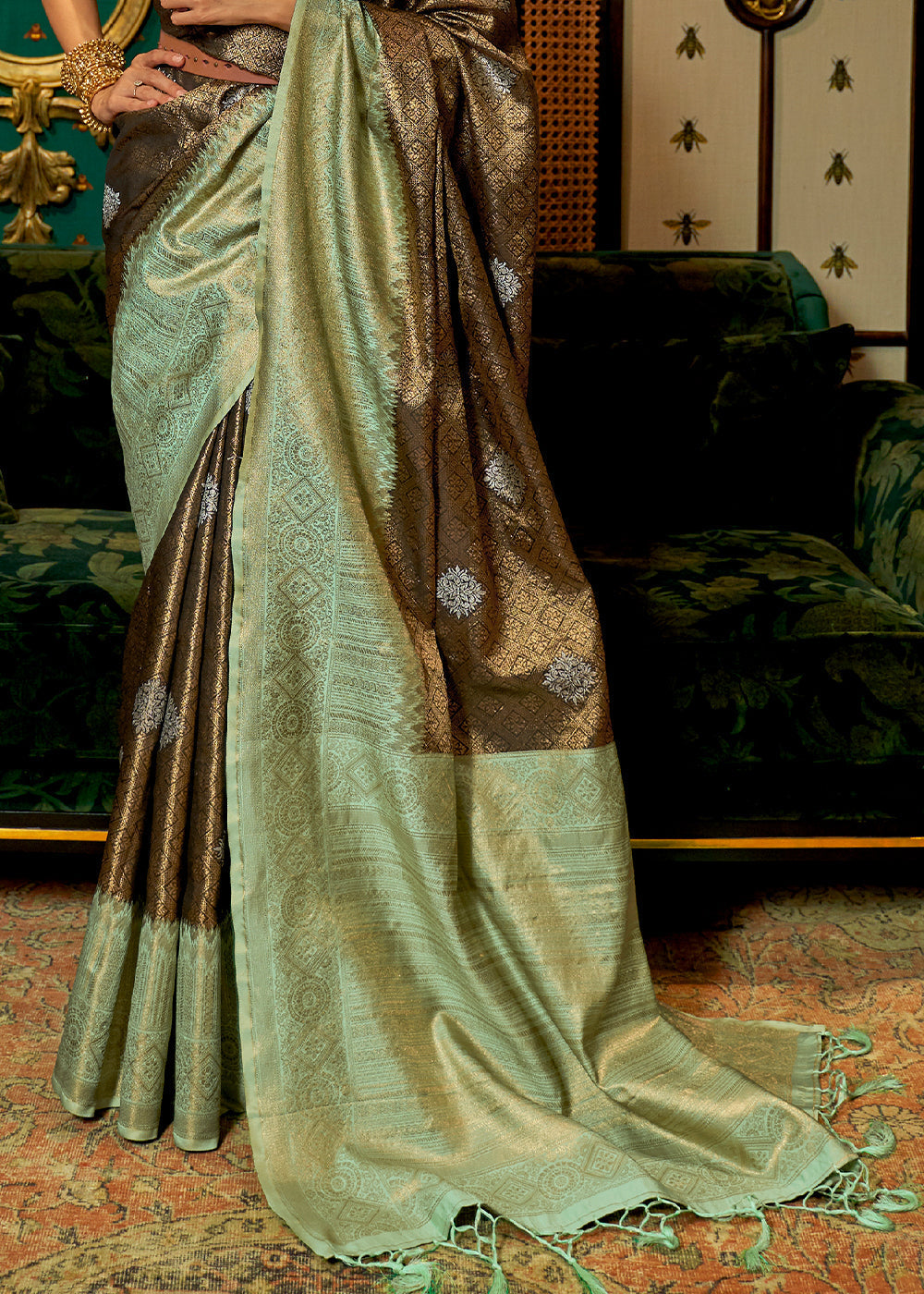 Green & Brown Zari Woven Silk Saree with Tassels on Pallu Clothsvilla