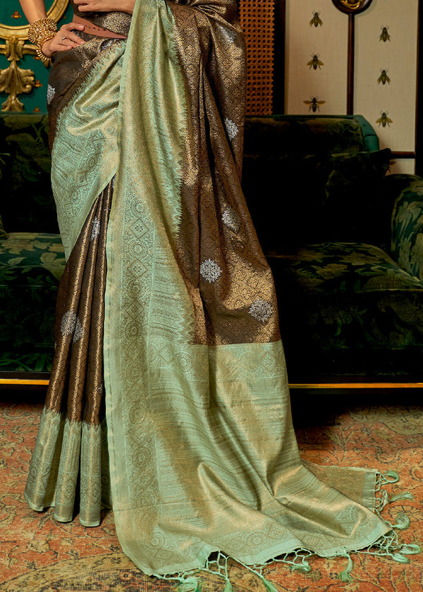 Green & Brown Zari Woven Silk Saree with Tassels on Pallu Clothsvilla
