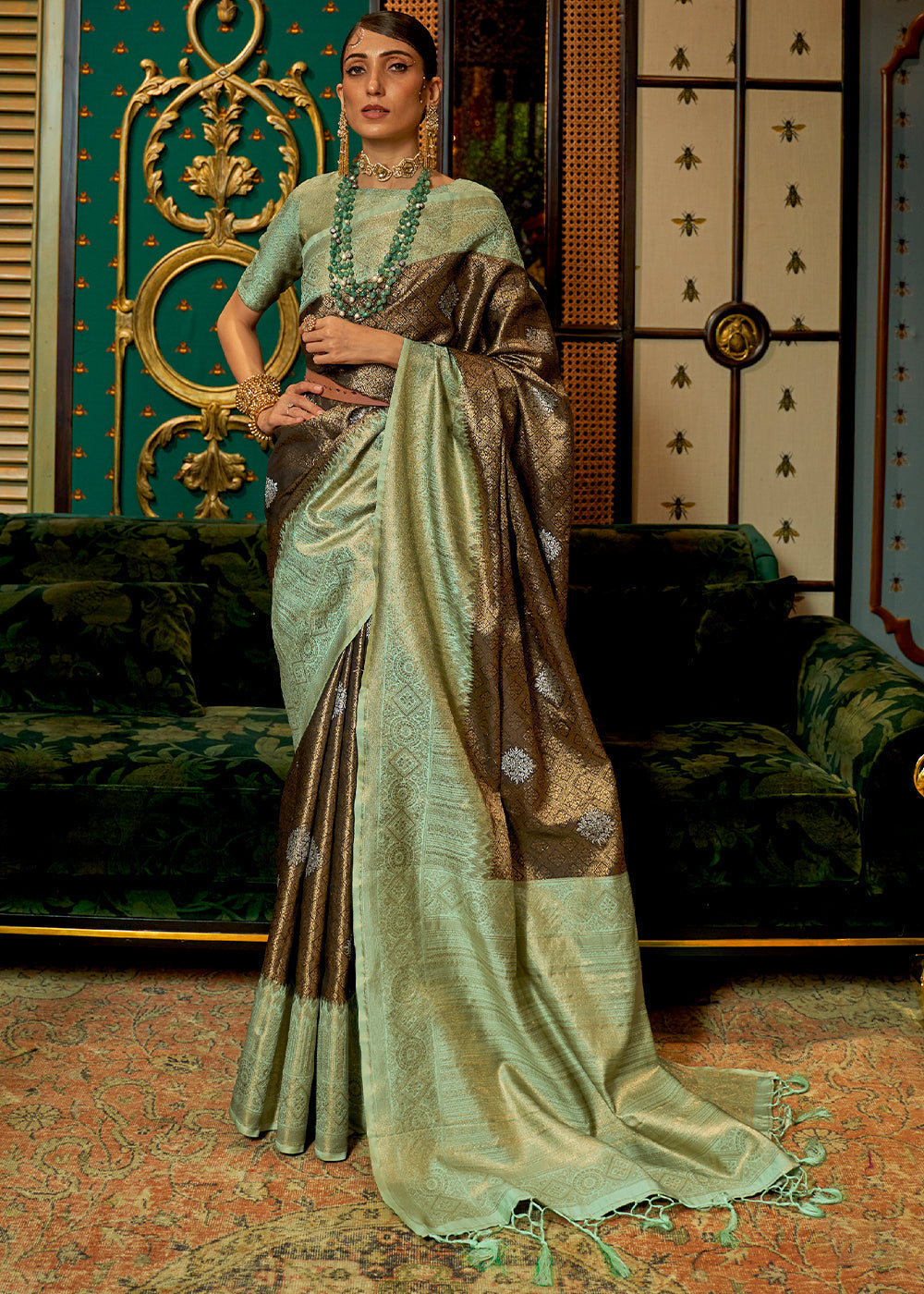 Green & Brown Zari Woven Silk Saree with Tassels on Pallu Clothsvilla Main image
