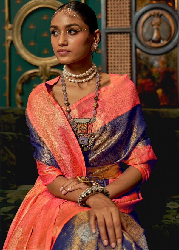 Blue & Pink Zari Woven Silk Saree with Tassels on Pallu Clothsvilla
