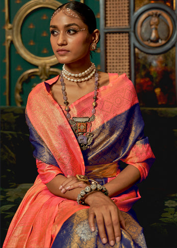 Blue & Pink Zari Woven Silk Saree with Tassels on Pallu Clothsvilla