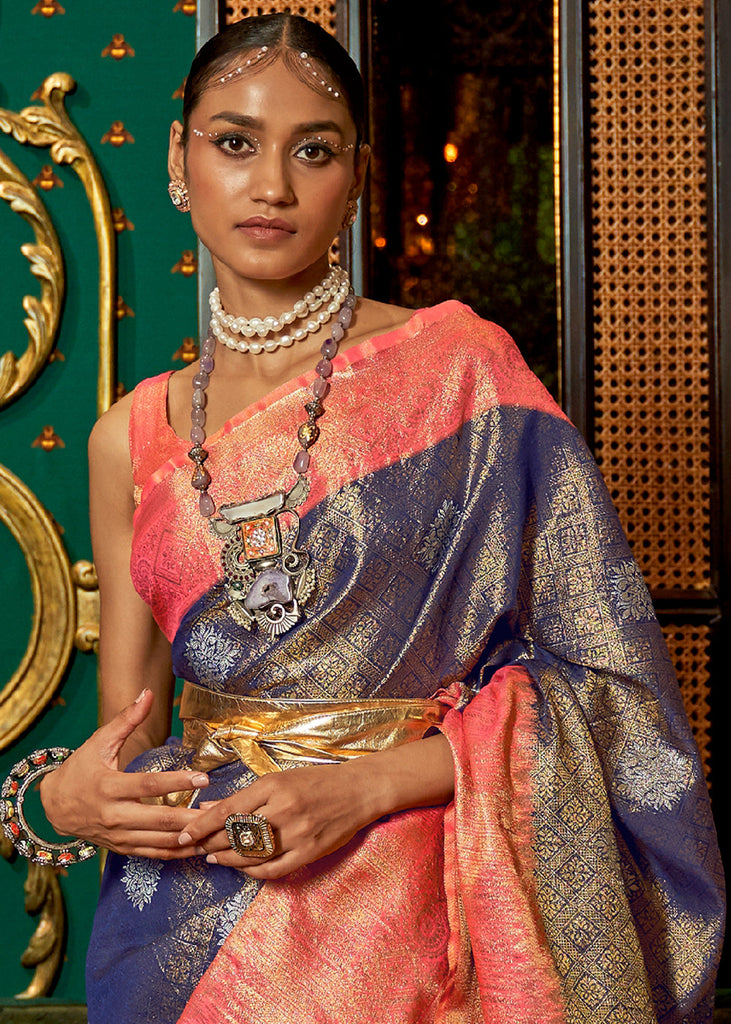 Blue & Pink Zari Woven Silk Saree with Tassels on Pallu Clothsvilla