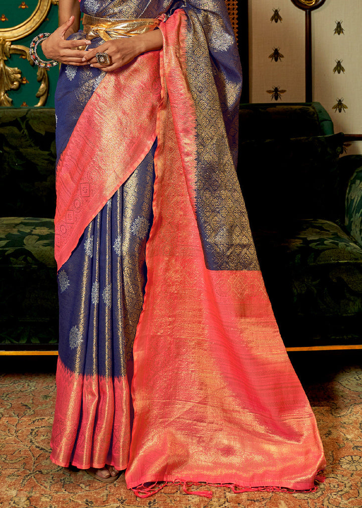 Blue & Pink Zari Woven Silk Saree with Tassels on Pallu Clothsvilla