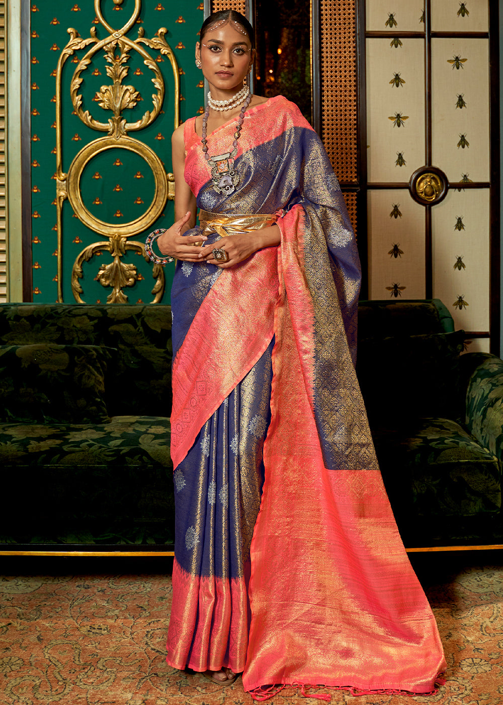Blue & Pink Zari Woven Silk Saree with Tassels on Pallu Clothsvilla Main image