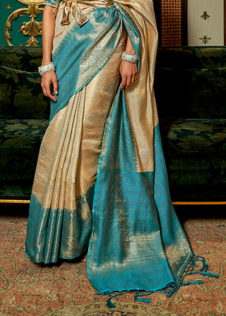 White & Blue Zari Woven Silk Saree with Tassels on Pallu Clothsvilla